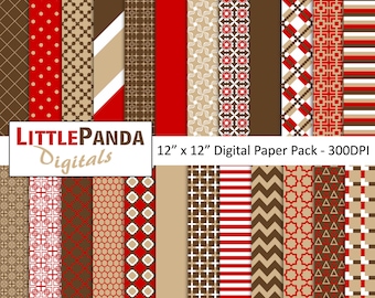 May include: A digital paper pack with 16 different patterns in red, brown, and white. The patterns include polka dots, stripes, geometric shapes, and more. The pack is 12 inches by 12 inches and 300 DPI.