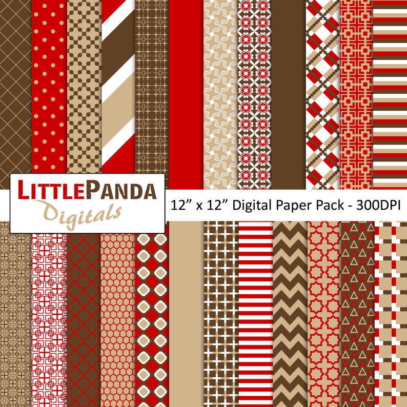 Tan Red Brown Digital Paper Pack 24 jpg files 12 x 12 Instant Download D357 image 1