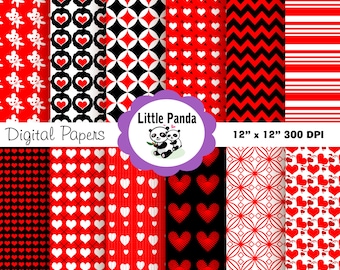 May include: A set of 12 digital papers featuring red and white patterns with hearts, diamonds, stripes, and zigzags. The papers are 12 inches by 12 inches and 300 DPI. The text "Little Panda Digital Papers" is in the center of the image.