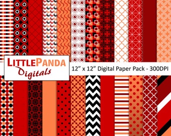 Orange Red Black Digital Scrapbook Papers 24 jpg files 12 x 12 - Instant Download - D362