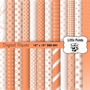 May include: A set of 12 digital papers featuring various patterns in peach and white. The patterns include stars, circles, geometric shapes, and floral designs. The papers are 30.5 cm by 30.5 cm and 300 DPI. The text "Digital Papers" and "12" x 12" 300 DPI" is at the top of the image. The text "Little Panda" is in a circle at the top right of the image.