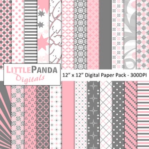Jasnoróżowy i szary papier do scrapbookingu cyfrowego 24 pliki jpg 12 x 12 - Natychmiastowe pobranie - D379