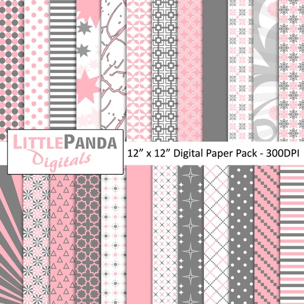 Light Pink and Gray Digital Scrapbook Papers 24 jpg files 12 x 12 - Instant Download - D379