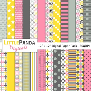 Pink Yellow Gray Digital Papers  24 jpg files 12 x 12 - Instant Download - D386