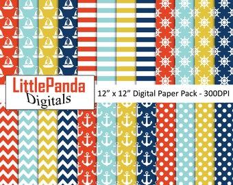 Nautical digital paper anchor background boat scrapbook paper polka dots chevron ship's wheel pattern paper crafts commercial use D622