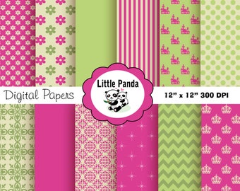 May include: A set of 10 digital papers featuring various patterns in pink and green. The patterns include polka dots, stripes, flowers, crowns, and geometric designs. The papers are 12 inches by 12 inches and 300 DPI.