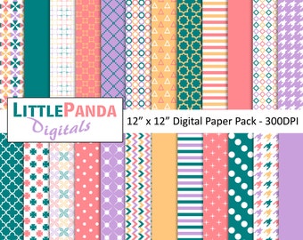 May include: A digital paper pack with 18 different patterns in various colors, including teal, purple, pink, yellow, and white. The patterns include geometric shapes, polka dots, stripes, and floral designs. The pack is 12 inches by 12 inches and 300 DPI.