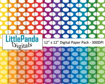 May include: A digital paper pack with 12 different patterns of white clouds on a rainbow gradient background. Each pattern is 12 inches by 12 inches and 300 DPI. The text "LittlePanda Digitals" is at the top of the image.