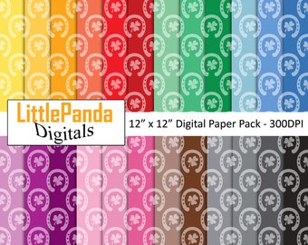 St. Patrick's Day digital paper horseshoe pattern lucky clover background shamrock scrapbook paper rainbow colors commercial use D688