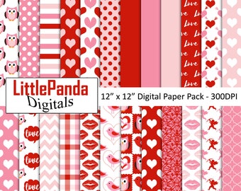 Valentine&#39;s Day digital paper love scrapbook paper valentine pattern hearts printable paper bird owl cupid background commercial use D771