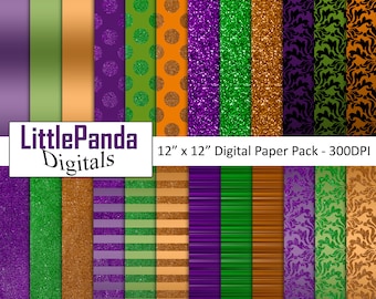 Halloween Digital Paper Metallic Glitter Stripes Damask Foil Scrapbook Paper Pattern Commercial Use Green Purple Orange Background D574