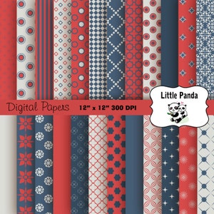 Red Gray Blue Digital Scrapbook Paper Pack 24 jpg files 12 x 12  - Instant Download - D249