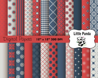 Red Gray Blue Digital Scrapbook Paper Pack 24 jpg files 12 x 12  - Instant Download - D249