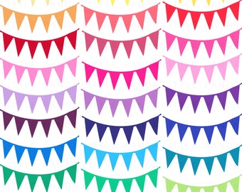 May include: A set of 14 colorful bunting flags, each with a different color, including yellow, orange, red, pink, purple, blue, green, and light green. The flags are arranged in rows, with each row containing 7 flags. The flags are all triangular in shape and have a white background. The text "LITTLE PANDA CLIP ART 300 DPI - PNG" is at the bottom of the image.