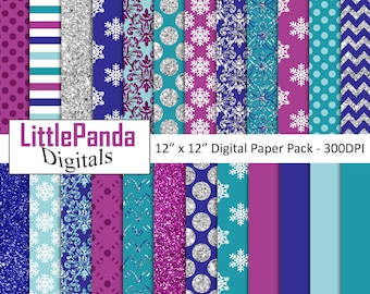 May include: A digital paper pack with 16 different patterns in blue, teal, purple, and silver. The patterns include snowflakes, polka dots, glitter, stripes, and damask. The pack is 12" x 12" and 300 DPI.