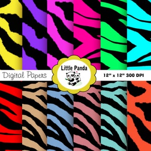 May include: A set of 10 digital papers featuring zebra print patterns in various bright colours, including yellow, purple, pink, green, blue, red, orange, beige, light blue, and pink. The papers are 12 inches by 12 inches and 300 DPI. The text "Little Panda Digital Papers" is included in the image.