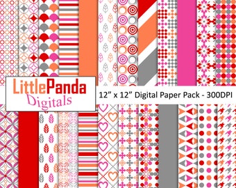 Coral pink red gray digital paper, scrapbook papers, background, commercial use, stripes, polka dots, houndstooth - D439