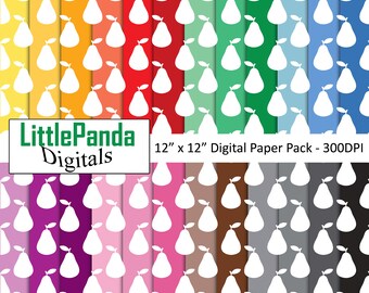 May include: A digital paper pack with 12 different colored backgrounds featuring a white pear silhouette pattern. The pack is 12 inches by 12 inches and 300 DPI. The text "LittlePanda Digitals" is in the top left corner.