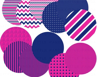 May include: Set of ten 300 DPI digital paper circles in pink and navy blue with various patterns, including stripes, polka dots, zigzags, and swirls.  The text "LITTLE PANDA CLIP ART" is at the bottom of the image.