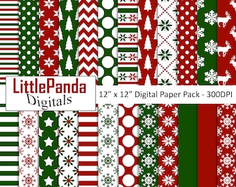 May include: A digital paper pack with 12 different Christmas themed patterns. The patterns include red and green stripes, snowflakes, stars, polka dots, Christmas trees, and reindeer. The paper pack is 12 inches by 12 inches and 300 DPI.