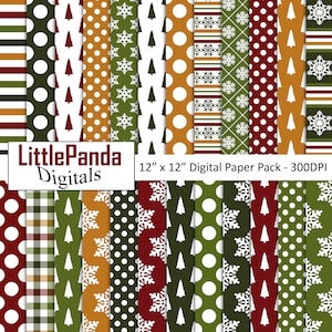 May include: A digital paper pack with 12 different Christmas themed patterns. The patterns include snowflakes, Christmas trees, polka dots, stripes, and plaid. The paper pack is 12 inches by 12 inches and 300 DPI.