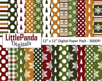 May include: A digital paper pack with 12 different Christmas themed patterns. The patterns include snowflakes, Christmas trees, polka dots, stripes, and plaid. The paper pack is 12 inches by 12 inches and 300 DPI.