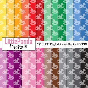 Schaukelpferd digitales Papier, Baby-Dusche Scrapbook Papier, Schaukelpferd Silhouette Hintergrund, Regenbogen Farben kommerzielle Nutzung D736