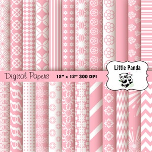 Puede incluir: Una colección de papeles digitales rosas y blancos con varios patrones, incluyendo diseños florales, geométricos y a rayas. Los papeles miden 30,48 cm x 30,48 cm y son 300 DPI, con el logo "Little Panda".