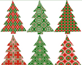 May include: Six green Christmas tree silhouettes with different red and white patterned designs. The text "LITTLE PANDA DIGITALS" is at the top of the image. The text "300 DPI - PNG" is at the bottom left of the image. The text "CLIP ART" is at the bottom right of the image.