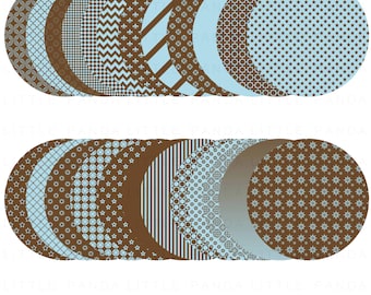 May include: A set of 18 brown and blue patterned circles. The circles have various geometric patterns, including stars, stripes, and polka dots.