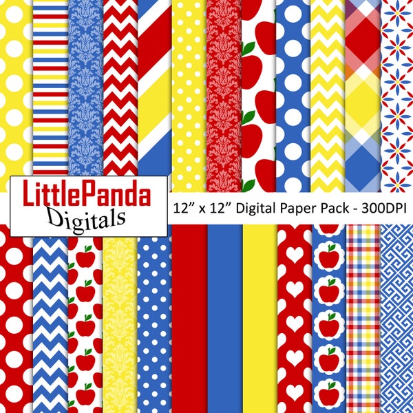 Princess digital paper, apple scrapbook papers, commercial use, red, blue, yellow, polka dots, apple, backgrounds D515