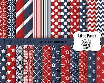 May include: A set of 12 digital papers featuring red, white, and blue patterns. The patterns include stars, stripes, polka dots, and geometric designs. The papers are 12 inches by 12 inches and 300 DPI. The text "Little Panda" is in the upper right corner of the image.