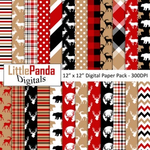 Papel digital de lenhador, papel para scrapbook, xadrez, urso, chifres de alce, listras, chevron, renas, uso comercial - D484