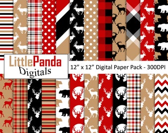Lumberjack digital paper, scrapbook paper, plaid, bear, moose antlers, stripes, chevron, reindeer, commercial use - D484