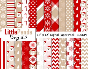 Santa digital paper, snowflake, plaid, winter, candy cane, christmas, traditional, holiday backgrounds,scrapbook papers - D496