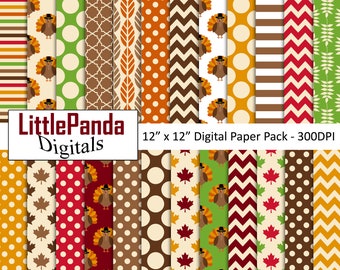Thanksgiving digital paper autumn scrapbook papers turkey background chevron polka dots leaf leaves commercial use printable paper D587