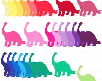 May include: A set of 18 colorful dinosaur silhouettes in various shades of yellow, orange, red, pink, purple, blue, and green. The dinosaurs are all facing the right and are arranged in three rows of six.