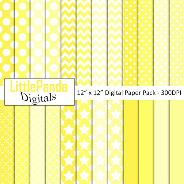 Shades of yellow digital paper, polka dots, chevron, quatrefoil, stars, matching solids, commercial use, scrapbook papers D508