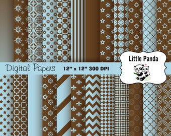 May include: A set of 12 digital papers featuring brown and blue geometric patterns. The papers are 12 inches by 12 inches and 300 DPI. The text "Little Panda" is in a white banner with a cartoon panda.