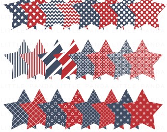 May include: Set of 18 red and blue stars with different patterns, including stripes, polka dots, and geometric designs.  The stars are perfect for scrapbooking, card making, or other craft projects.
