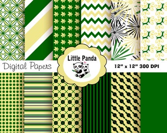 May include: A set of 10 digital papers featuring various geometric patterns in green, black, and yellow. The papers are 12 inches by 12 inches and 300 DPI. The text "Little Panda" and "Digital Papers" is included in the image.