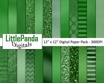 Green Foil Metallic Digital Paper Green Glitter Scrapbook Paper Commercial Use Glitter Damask Polka Dots Stripes Background D572