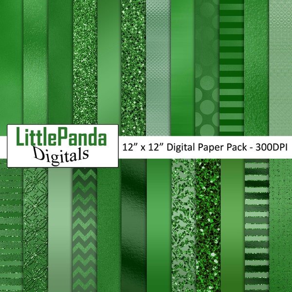 Green Foil Metallic Digital Paper Green Glitter Scrapbook Paper Commercial Use Glitter Damask Polka Dots Stripes Background D572