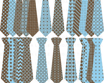 May include: Set of 12 digital clip art images of brown and blue patterned neckties.  The ties are isolated on a white background.  The patterns include geometric shapes, stars, and zigzags.