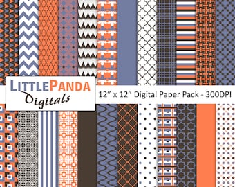 May include: A digital paper pack with 16 different patterns in shades of orange, blue, brown, white, and black. The patterns include geometric shapes, stripes, and polka dots. The paper pack is 12 inches by 12 inches and 300 DPI.