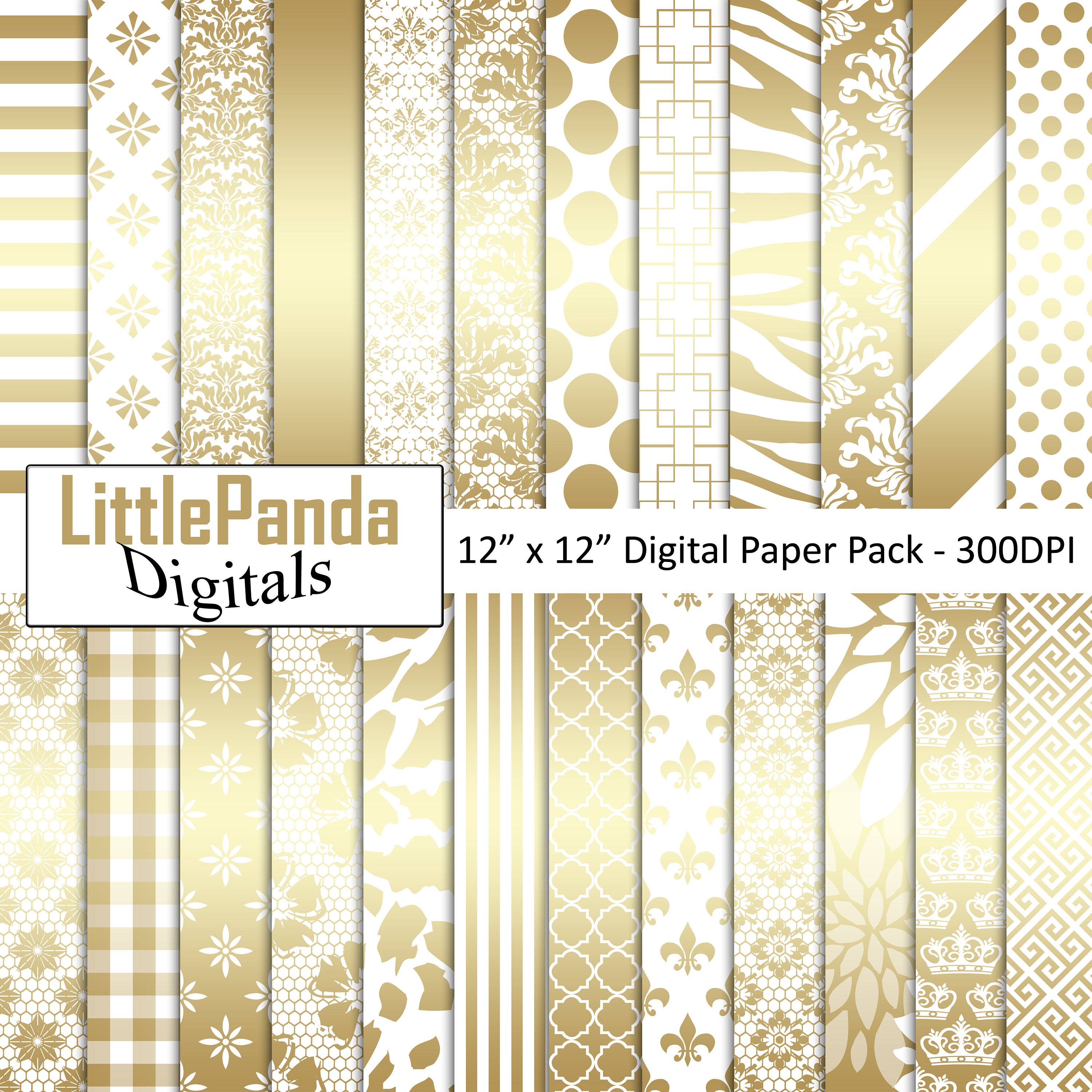 Gold Digital Paper, Lace Pattern, Scrapbook Paper, Gold Backgrounds, White and Gold Digital Paper, Commercial Use, Damask, Gold Stripes D560