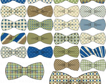 May include: Set of 20 digital clip art images of bow ties with various patterns in blue, green, brown, and white. The bow ties are isolated on a white background.  LITTLE PANDA CLIP ART 300 DPI - PNG