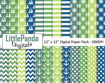 Nautical digital paper anchor background boat scrapbook paper polka dots chevron ship's wheel pattern paper crafts commercial use D630