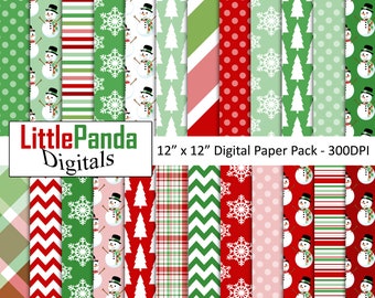 Snowman digital paper, snowflake patterns, plaid, winter, holiday backgrounds,scrapbook papers, commercial use - D491