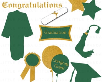 May include: A set of graduation themed clipart featuring a green graduation cap, gown, diploma, and stars. The clipart is decorated with gold glitter and the text "Congratulations" and "Graduation".